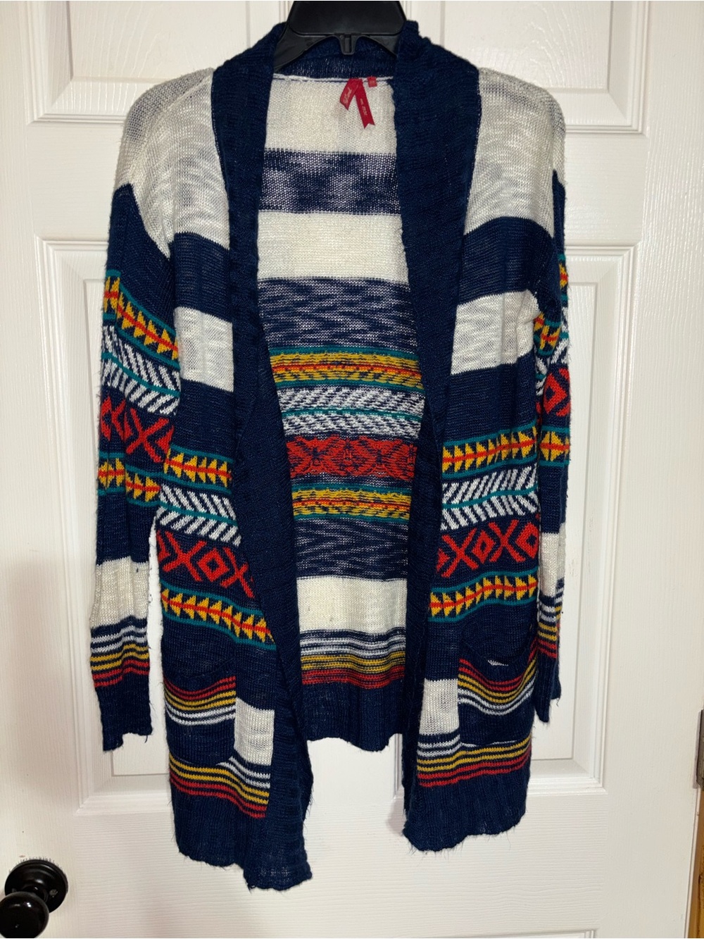 Red Camel Navy, White & Multicolor Striped Open-Front Cardigan